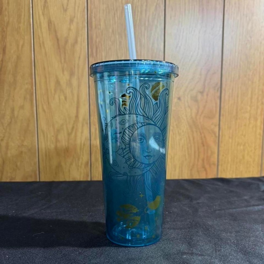 Blue and gold Celestial tumbler with lid and straw